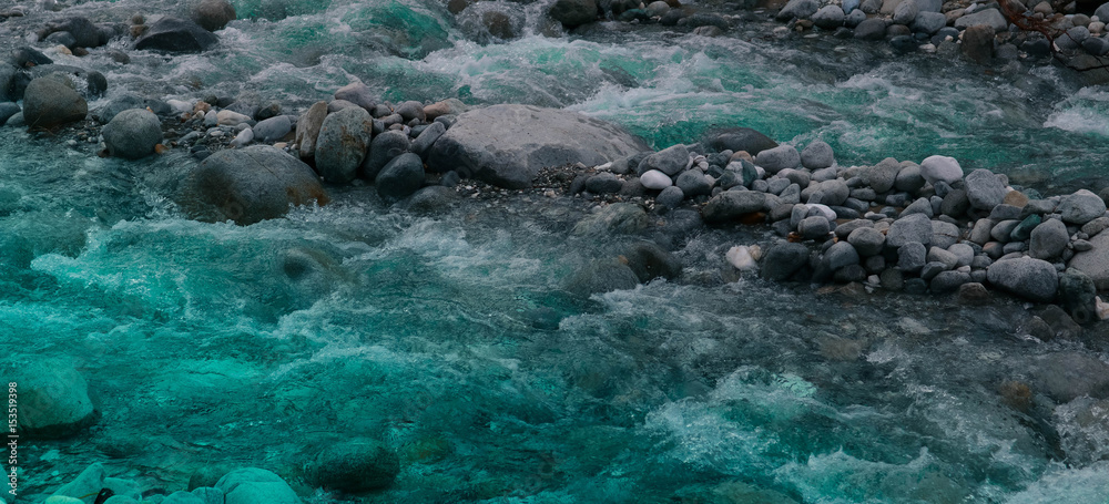 Pine tree forest river flows through the rocks. Beautiful powerful rapid steam of the mountain river flows between pebbles rocks. Nature of Balkanes, Bulgaria.