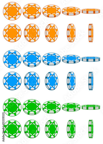 Cartoon collection of 3D colored casino chips, vector animation game rotation, set 2
