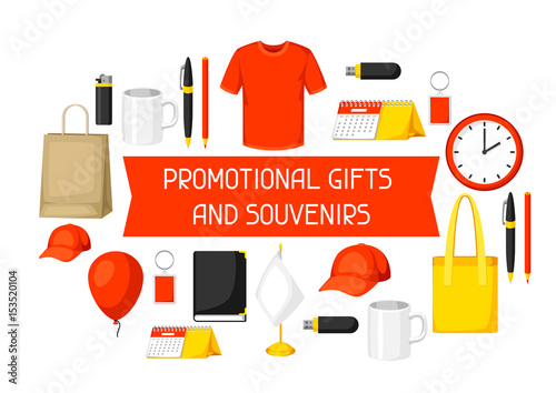 Advertising background with promotional gifts and souvenirs