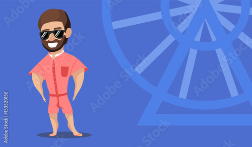 Hipster character cartoon In overalls similar to sliders vector illustration. The man smiles widely in sunglasses.