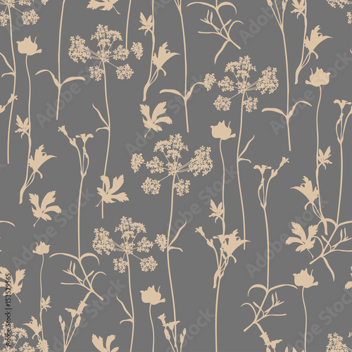 Vector seamless floral pattern with aroma and medical herbs. Hand drawn botanical illustration for fabric, wrapping, prints and other herbal design. Background with wild meadow herbs.