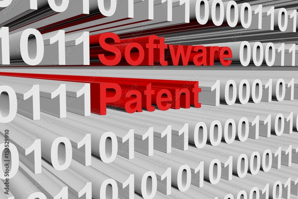 Software patent in the form of binary code, 3D illustration