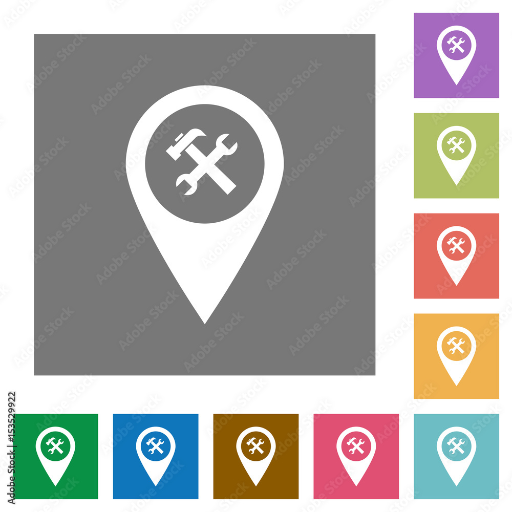 Workshop service GPS map location square flat icons Workshop service GPS map location square flat icons