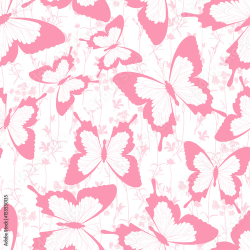Seamless pattern of flying butterflies, flowers and herbs. Tropical butterfly silhouette. Hand drawn vector illustration