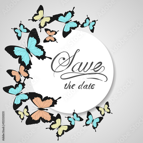 Cute round frame made of butterfllies with pllace for your text. Colorful doodle card on a special occasion. Can be used for Valentine's Day, wedding design, scrapbook, invitations, postcard