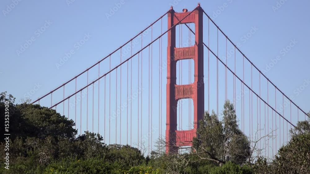 Golden Gate bridge seen from a distance between trees establishing shot.
Golden Gate bridge seen from a distance between trees establishing shot.