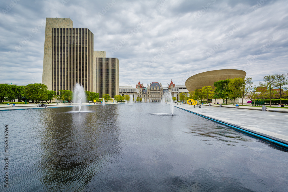 Buildings and fountains at Empire State Plaza, in Albany, New York.