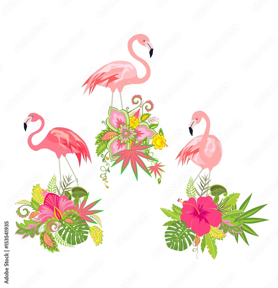 Fototapeta premium Beautiful floral design with exotic flowers and pink flamingo