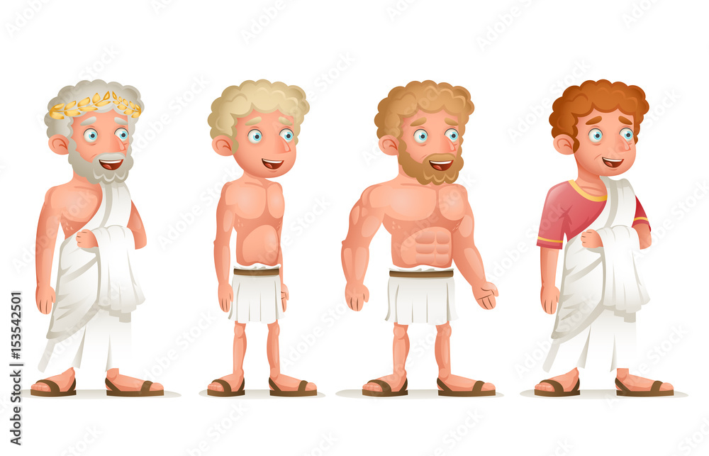 Roman Greek Retro Vintage Old Young Toga Loincloth Characters Icon Set