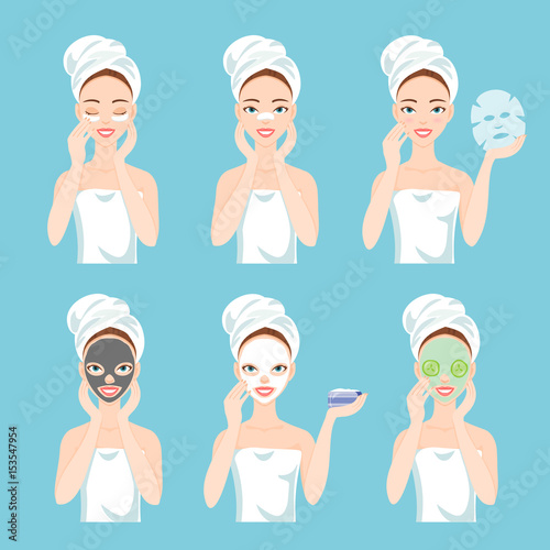 Different types of facial masks for skin care and treatment. Clay, charcoal, for nose, for eyes, paper, sheet and fresh masks.