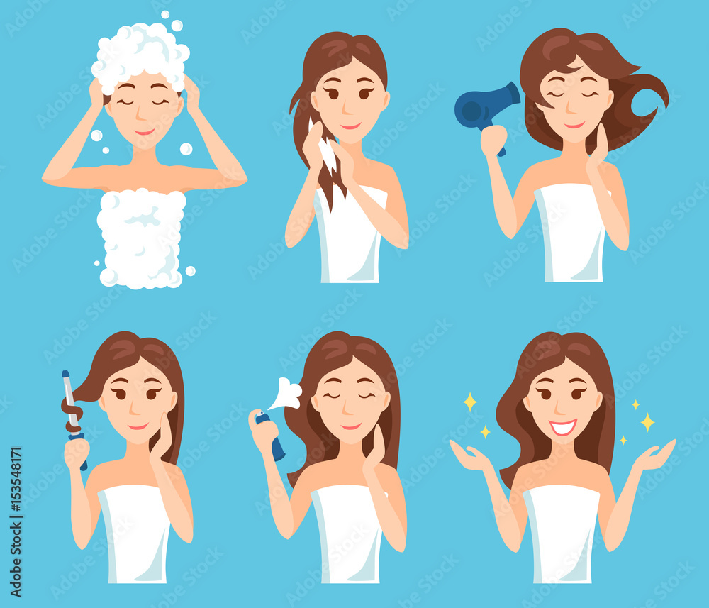 Attractive young woman wash, care and style her hair. Attractive young woman wash, care and style her hair.