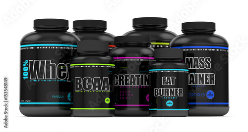3d render of BCAA, whey, fat burner, mass gainer and creatine