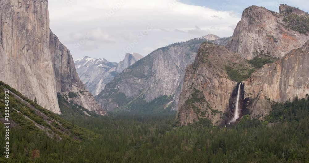 Wide open valley of Yosemite National Park with Bridalveil falls.
