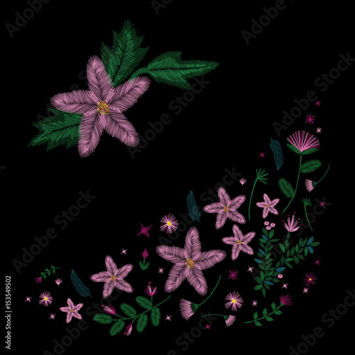 Set of colorful embroidery. Decollete floral pattern with plants. ethnic. Vector traditional traditional flowers on a black background