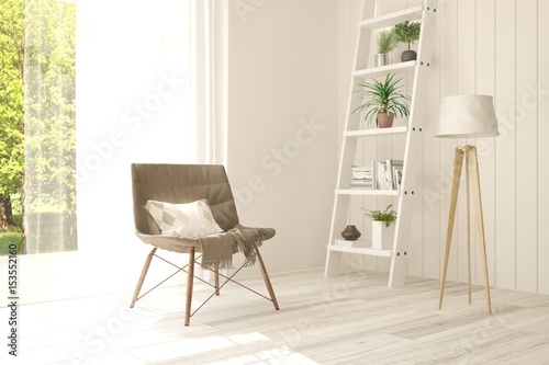 White room with armchair and green landscape in window. Scandinavian interior design. 3D illustration