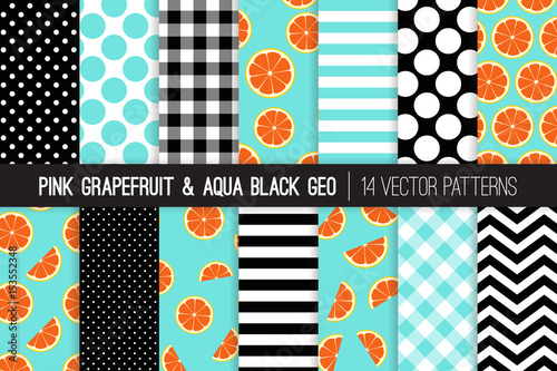 Pink Grapefruit Seamless Vector Patterns with Aqua, Black and White Chevron, Stripes, Polka Dots and Gingham. Grapefruit Slices on Aqua Background. 50s Rockabilly Style. Pattern Tile Swatches Included