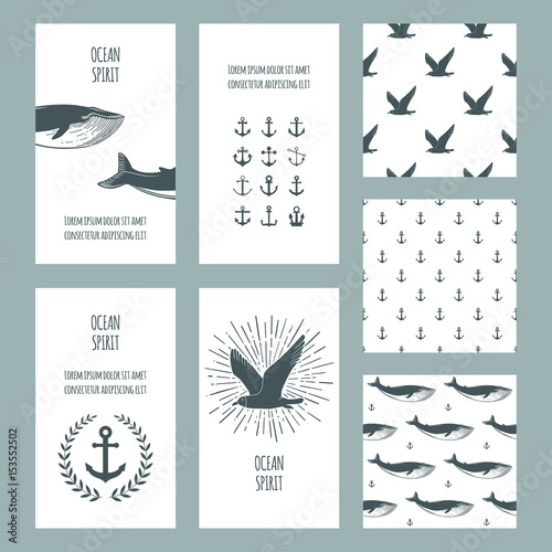 Set of nautical greeting cards and seamless patterns. Whales, anchors and seagulls symbols. Vector.