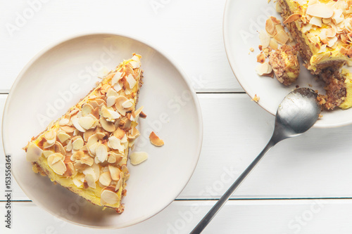 Almond cake with caramel, soft focus, horizontal, top view
