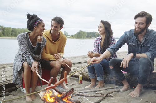 Friends enjoying by campfire photo