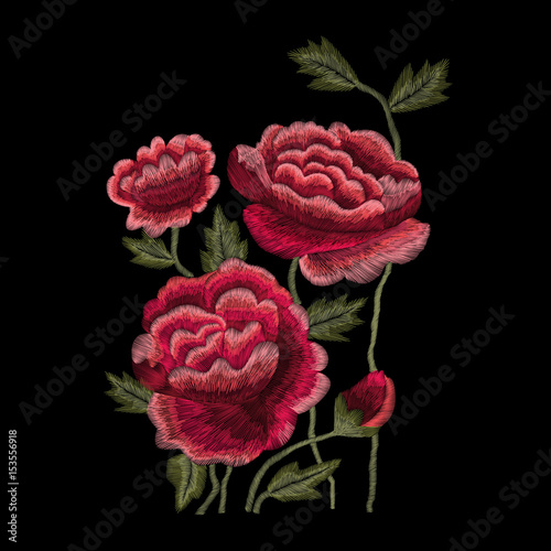 Colorful embroidery. Neckline flower pattern with roses, ethnic. Vector traditional traditional flowers on a black background