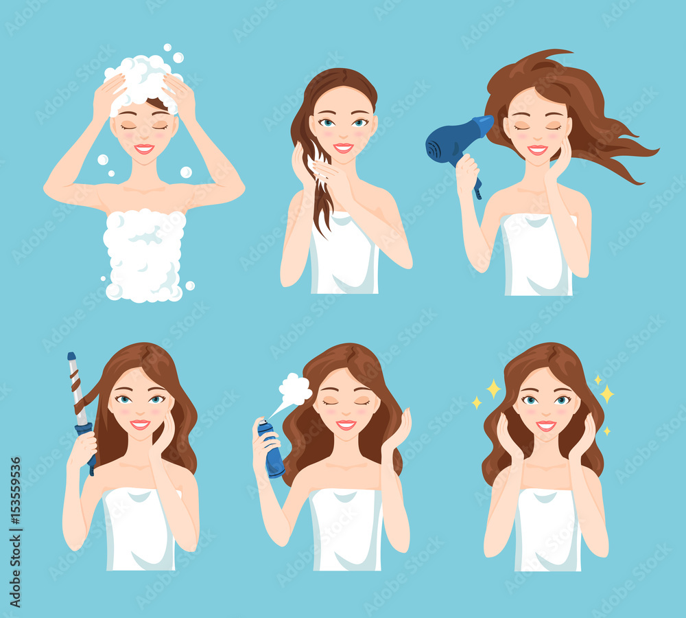 Attractive young woman wash, care and style her hair. Hair treatment  procedures. Stock Vector | Adobe Stock