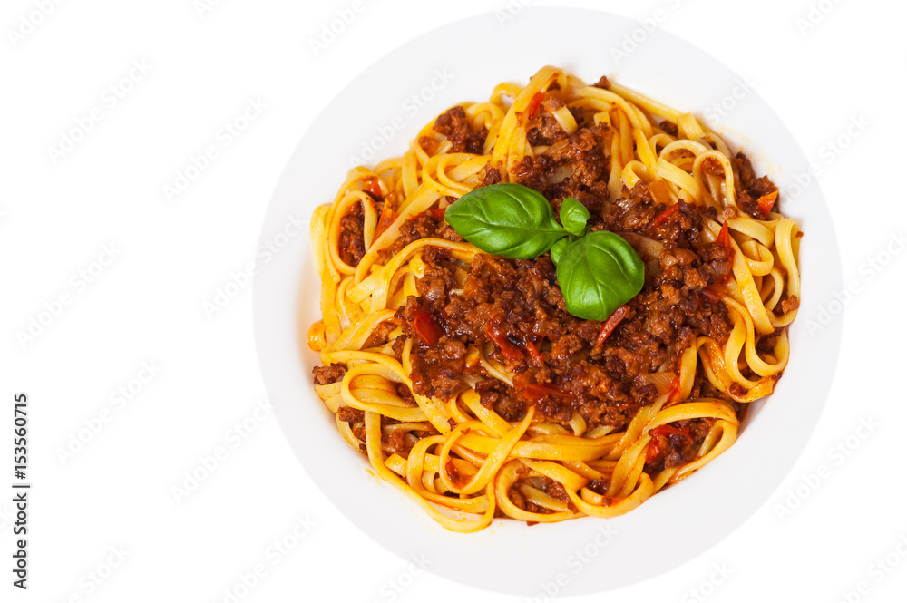 pasta bolognese on white plate. top view. isolated on white pasta bolognese on white plate. top view. isolated on white