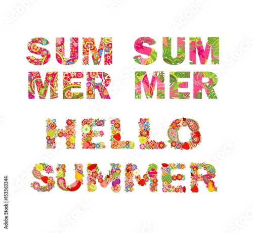 T-shirt prints with colorful floral summer lettering with tropical flowers, paisley and fruits