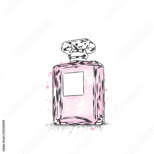 A beautiful bottle of female perfume. Vector illustration for a postcard or a poster, print for clothes. For her. Fashion & Style. Glamorous accessory.