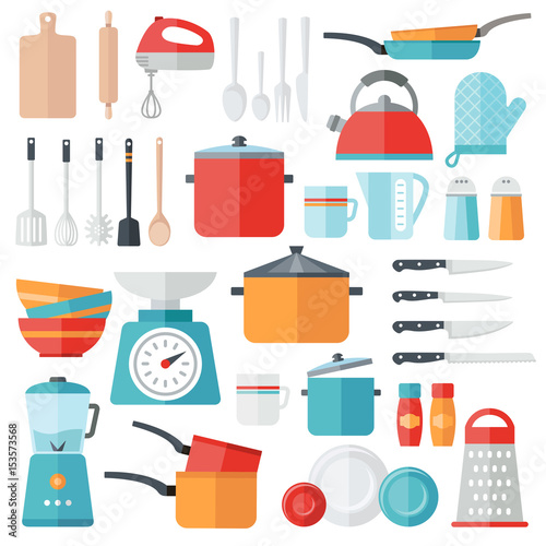 Collection of vector icons symbolizing kitchen equipment, food, cooking. Modern flat design style. Both for print and web design.