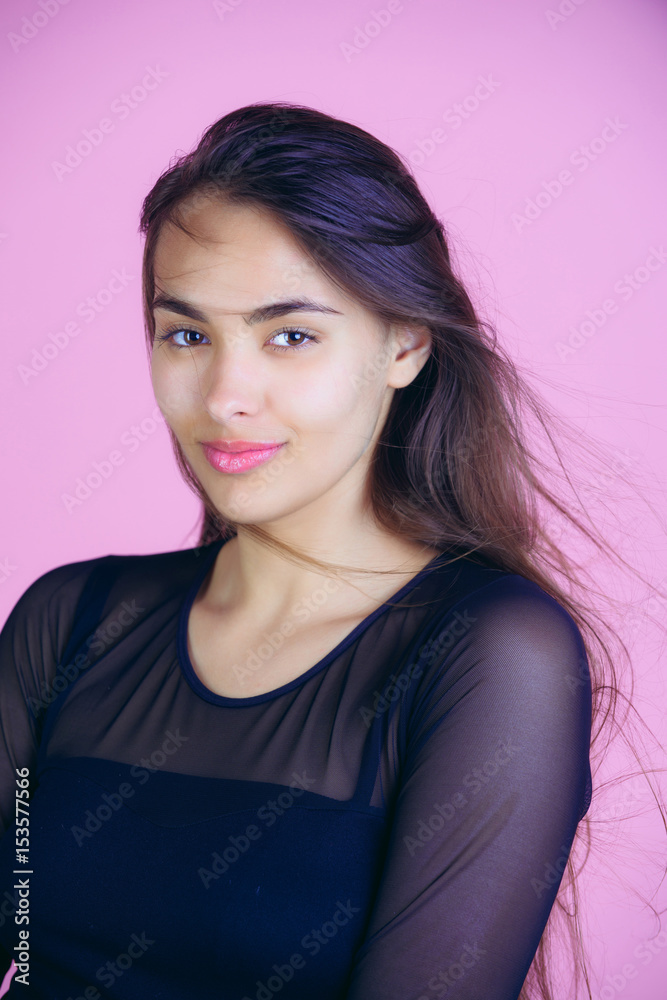 Fototapeta premium Beauty salon, Cheerful pretty woman with long, brunette hair