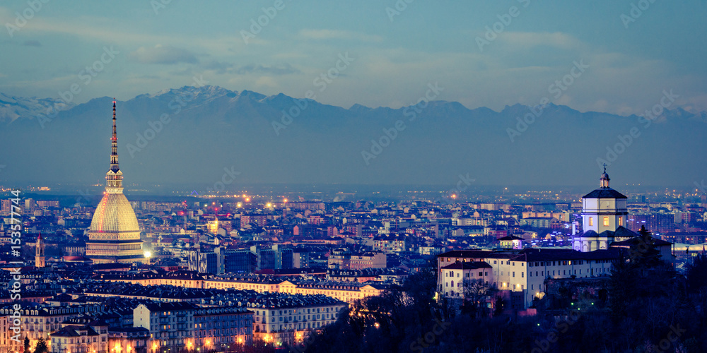 Torino panorama with Mole Antonelliana and Monte dei Cappuccini vintage effect