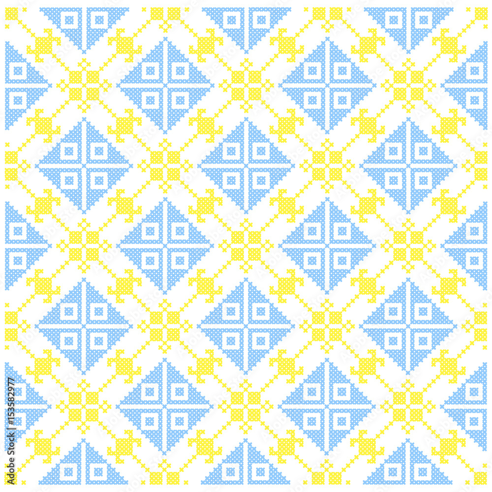 Blue and Yellow Background of the Cross. Geometric Ornaments. Vector Illustration.