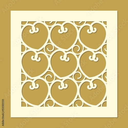 Openwork square card with hearts silhouettes. Laser cutting template pattern. Beautiful vector design for various celebrations, greeting cards, wedding favor box, gift box,  paper, wood cutting.