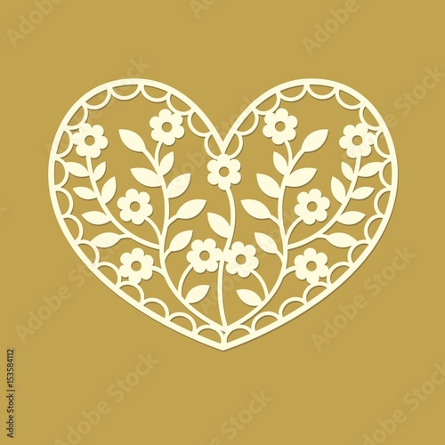 Heart with silhouette flowers and leaves. Laser cut template pattern for decorative panel. Elegant design for wedding favor box, gift box, stencil, paper, wood, metal cutting,. Vector illustration.