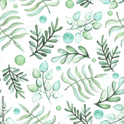 Fototapeta Naklejka Na Ścianę i Meble -  Watercolor Green Leaves And Spots Seamless Pattern