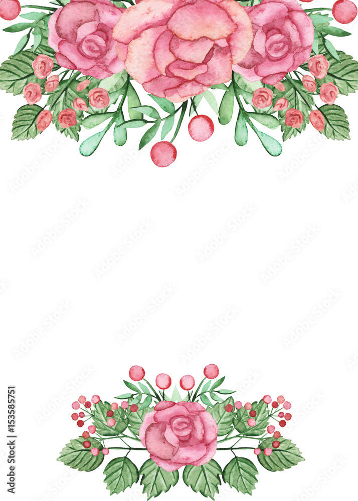 Card With Watercolor Pink Roses, Berries And Green Leaves