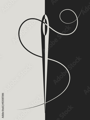 Needle with thread. Vector background. Black and white