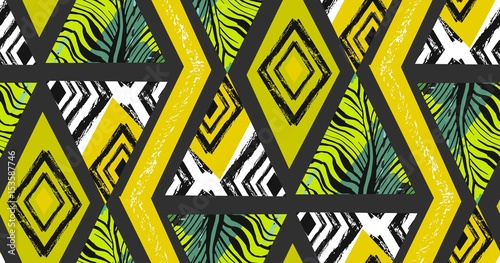 Hand drawn vector abstract freehand textured seamless tropical pattern collage with zebra motif,organic textures,triangles isolated on black background.Wedding,save the date,birthday,fashion decor