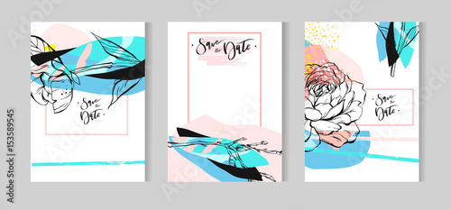 Hand drawn vector abstract creative unusual bohemian wedding save the date cards template collection set with graphic peony flowers in pastel colors.Boho Wedding,anniversary,birthday,party invitation
