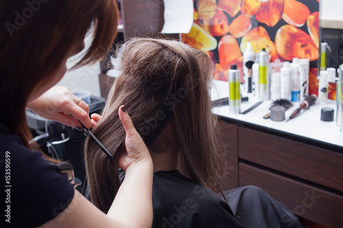 A women with long hair. A hairdresser with a client photo