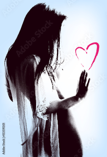 Naked lady in the light. Halftone dots vector portrait.