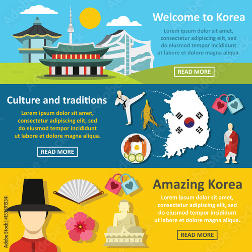 Korea symbols banner horizontal set, flat style