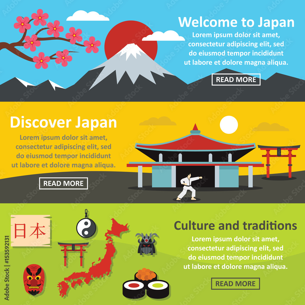 Naklejka premium Japan landscape banner horizontal set, flat style
