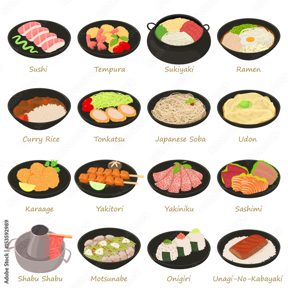 Japanese food icons set, cartoon style