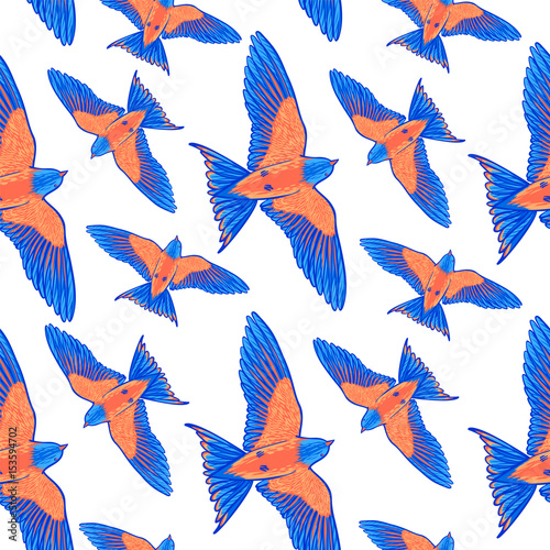 Seamless pattern. Blue tropical bird on a white background. bird of paradise. Hand drawn brush stroke elements.
