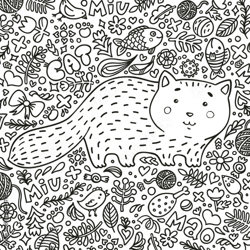 Coloring page. Hand-drawn illustration. Perfect antistress. A fat red cat sur...