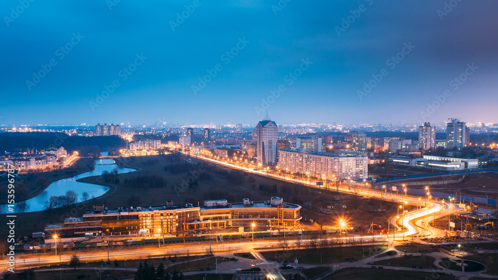 Minsk, Belarus. Aerial Cityscape In Bright Blue Hour Evening And