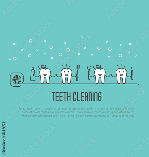 Teeth cleaning concept in thin line style. Two happy tooth, boy and girl, are holding hands with toothpaste and brush and smiling. Vector illustration.