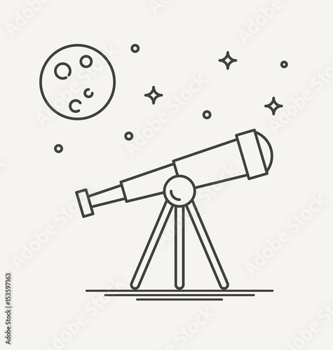 Thin line design of telescope looking to the stars and planets. Concept of science and discovery. Vector illustration.