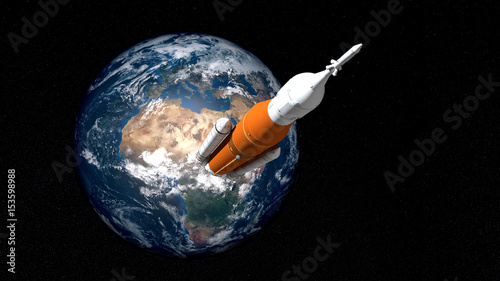 Fototapeta Naklejka Na Ścianę i Meble -  Extremely detailed and realistic high resolution 3d image of a Space Launch System Rocket. Shot from space. Elements of this image are furnished by Nasa.